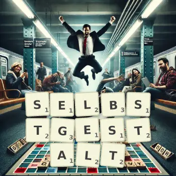 Kreative Illustration für ein Scrabble-Spiel, bei dem das Wort SELBSTGESTALT mit Steinen auf dem Brett gelegt wurde.