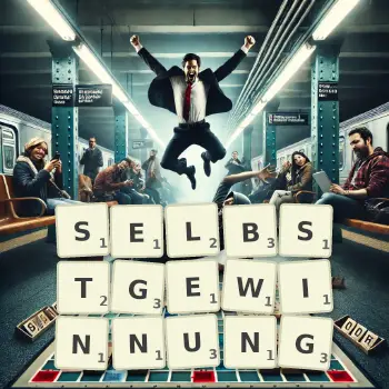 Kreative Illustration für ein Scrabble-Spiel, bei dem das Wort SELBSTGEWINNUNG mit Steinen auf dem Brett gelegt wurde.
