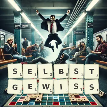 Kreative Illustration für ein Scrabble-Spiel, bei dem das Wort SELBSTGEWISS mit Steinen auf dem Brett gelegt wurde.