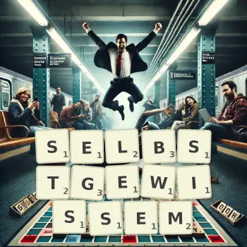Kreative Illustration für ein Scrabble-Spiel, bei dem das Wort SELBSTGEWISSEM mit Steinen auf dem Brett gelegt wurde.