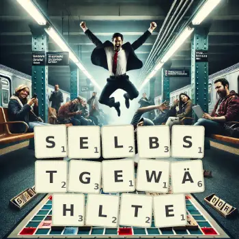 Kreative Illustration für ein Scrabble-Spiel, bei dem das Wort SELBSTGEWÄHLTE mit Steinen auf dem Brett gelegt wurde.
