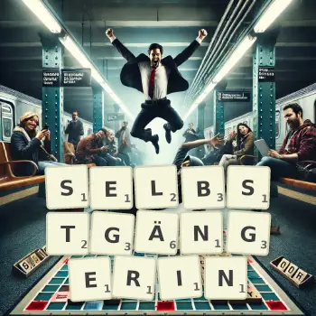 Kreative Illustration für ein Scrabble-Spiel, bei dem das Wort SELBSTGÄNGERIN mit Steinen auf dem Brett gelegt wurde.