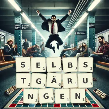 Kreative Illustration für ein Scrabble-Spiel, bei dem das Wort SELBSTGÄRUNGEN mit Steinen auf dem Brett gelegt wurde.