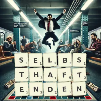 Kreative Illustration für ein Scrabble-Spiel, bei dem das Wort SELBSTHAFTENDEN mit Steinen auf dem Brett gelegt wurde.