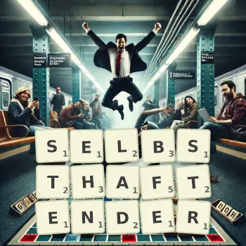Kreative Illustration für ein Scrabble-Spiel, bei dem das Wort SELBSTHAFTENDER mit Steinen auf dem Brett gelegt wurde.
