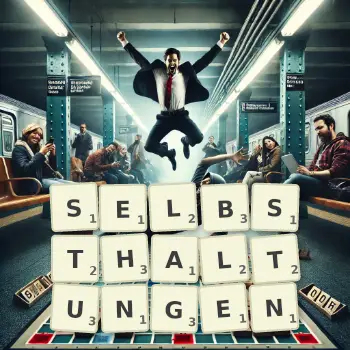 Kreative Illustration für ein Scrabble-Spiel, bei dem das Wort SELBSTHALTUNGEN mit Steinen auf dem Brett gelegt wurde.
