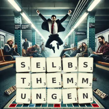 Kreative Illustration für ein Scrabble-Spiel, bei dem das Wort SELBSTHEMMUNGEN mit Steinen auf dem Brett gelegt wurde.