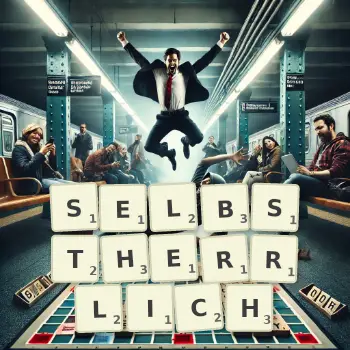 Kreative Illustration für ein Scrabble-Spiel, bei dem das Wort SELBSTHERRLICH mit Steinen auf dem Brett gelegt wurde.