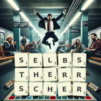 Kreative Illustration für ein Scrabble-Spiel, bei dem das Wort SELBSTHERRSCHER mit Steinen auf dem Brett gelegt wurde.