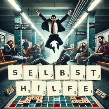 Kreative Illustration für ein Scrabble-Spiel, bei dem das Wort SELBSTHILFE mit Steinen auf dem Brett gelegt wurde.