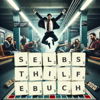 Kreative Illustration für ein Scrabble-Spiel, bei dem das Wort SELBSTHILFEBUCH mit Steinen auf dem Brett gelegt wurde.