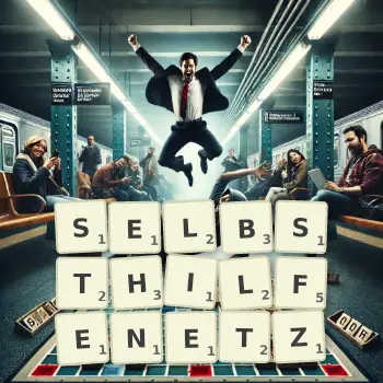 Kreative Illustration für ein Scrabble-Spiel, bei dem das Wort SELBSTHILFENETZ mit Steinen auf dem Brett gelegt wurde.