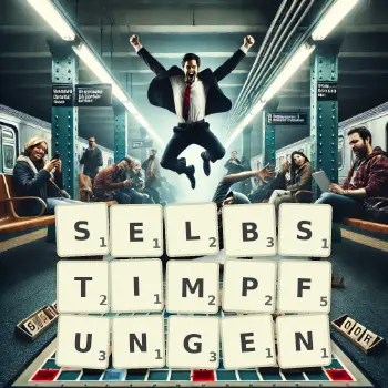 Kreative Illustration für ein Scrabble-Spiel, bei dem das Wort SELBSTIMPFUNGEN mit Steinen auf dem Brett gelegt wurde.