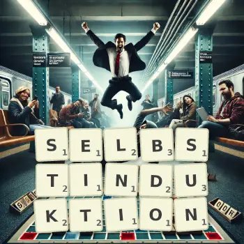 Kreative Illustration für ein Scrabble-Spiel, bei dem das Wort SELBSTINDUKTION mit Steinen auf dem Brett gelegt wurde.