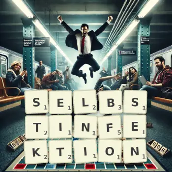 Kreative Illustration für ein Scrabble-Spiel, bei dem das Wort SELBSTINFEKTION mit Steinen auf dem Brett gelegt wurde.