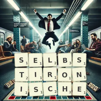 Kreative Illustration für ein Scrabble-Spiel, bei dem das Wort SELBSTIRONISCHE mit Steinen auf dem Brett gelegt wurde.