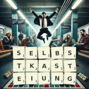 Kreative Illustration für ein Scrabble-Spiel, bei dem das Wort SELBSTKASTEIUNG mit Steinen auf dem Brett gelegt wurde.