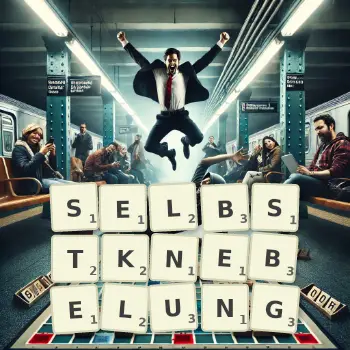 Kreative Illustration für ein Scrabble-Spiel, bei dem das Wort SELBSTKNEBELUNG mit Steinen auf dem Brett gelegt wurde.