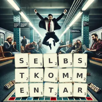 Kreative Illustration für ein Scrabble-Spiel, bei dem das Wort SELBSTKOMMENTAR mit Steinen auf dem Brett gelegt wurde.