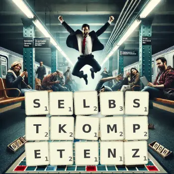 Kreative Illustration für ein Scrabble-Spiel, bei dem das Wort SELBSTKOMPETENZ mit Steinen auf dem Brett gelegt wurde.