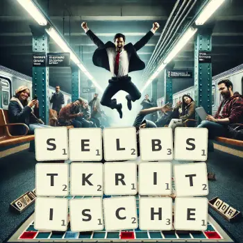Kreative Illustration für ein Scrabble-Spiel, bei dem das Wort SELBSTKRITISCHE mit Steinen auf dem Brett gelegt wurde.