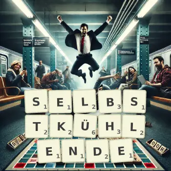 Kreative Illustration für ein Scrabble-Spiel, bei dem das Wort SELBSTKÜHLENDE mit Steinen auf dem Brett gelegt wurde.