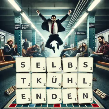 Kreative Illustration für ein Scrabble-Spiel, bei dem das Wort SELBSTKÜHLENDEN mit Steinen auf dem Brett gelegt wurde.