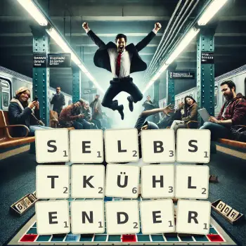 Kreative Illustration für ein Scrabble-Spiel, bei dem das Wort SELBSTKÜHLENDER mit Steinen auf dem Brett gelegt wurde.