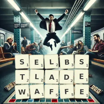 Kreative Illustration für ein Scrabble-Spiel, bei dem das Wort SELBSTLADEWAFFE mit Steinen auf dem Brett gelegt wurde.