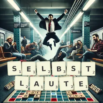 Kreative Illustration für ein Scrabble-Spiel, bei dem das Wort SELBSTLAUTE mit Steinen auf dem Brett gelegt wurde.