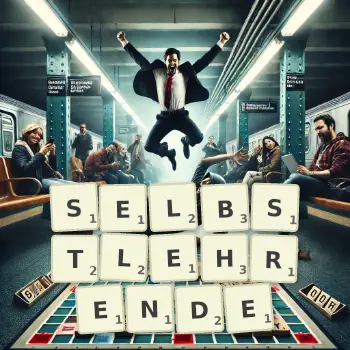 Kreative Illustration für ein Scrabble-Spiel, bei dem das Wort SELBSTLEHRENDE mit Steinen auf dem Brett gelegt wurde.