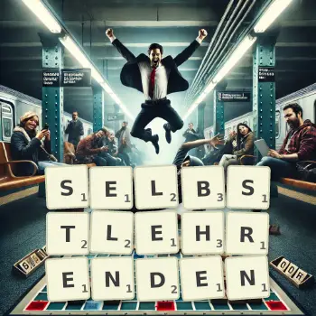 Kreative Illustration für ein Scrabble-Spiel, bei dem das Wort SELBSTLEHRENDEN mit Steinen auf dem Brett gelegt wurde.