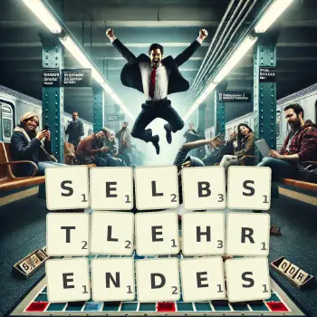 Kreative Illustration für ein Scrabble-Spiel, bei dem das Wort SELBSTLEHRENDES mit Steinen auf dem Brett gelegt wurde.