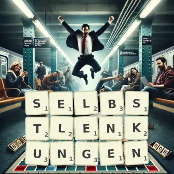 Kreative Illustration für ein Scrabble-Spiel, bei dem das Wort SELBSTLENKUNGEN mit Steinen auf dem Brett gelegt wurde.