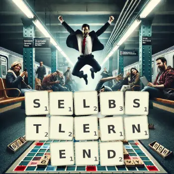 Kreative Illustration für ein Scrabble-Spiel, bei dem das Wort SELBSTLERNEND mit Steinen auf dem Brett gelegt wurde.