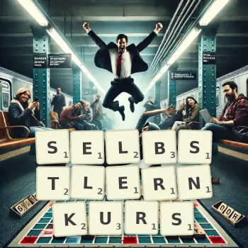 Kreative Illustration für ein Scrabble-Spiel, bei dem das Wort SELBSTLERNKURS mit Steinen auf dem Brett gelegt wurde.