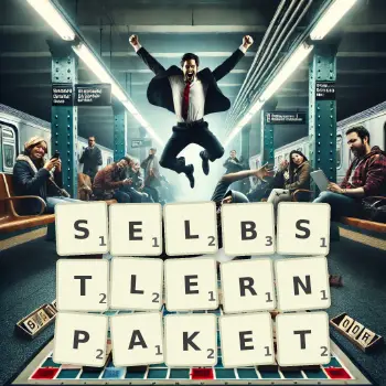 Kreative Illustration für ein Scrabble-Spiel, bei dem das Wort SELBSTLERNPAKET mit Steinen auf dem Brett gelegt wurde.