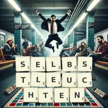 Kreative Illustration für ein Scrabble-Spiel, bei dem das Wort SELBSTLEUCHTEN mit Steinen auf dem Brett gelegt wurde.
