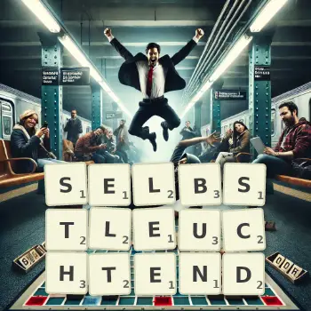 Kreative Illustration für ein Scrabble-Spiel, bei dem das Wort SELBSTLEUCHTEND mit Steinen auf dem Brett gelegt wurde.