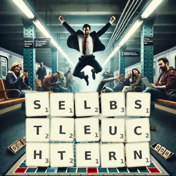 Kreative Illustration für ein Scrabble-Spiel, bei dem das Wort SELBSTLEUCHTERN mit Steinen auf dem Brett gelegt wurde.