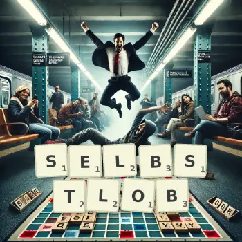 Kreative Illustration für ein Scrabble-Spiel, bei dem das Wort SELBSTLOB mit Steinen auf dem Brett gelegt wurde.