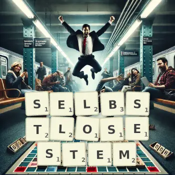 Kreative Illustration für ein Scrabble-Spiel, bei dem das Wort SELBSTLOSESTEM mit Steinen auf dem Brett gelegt wurde.