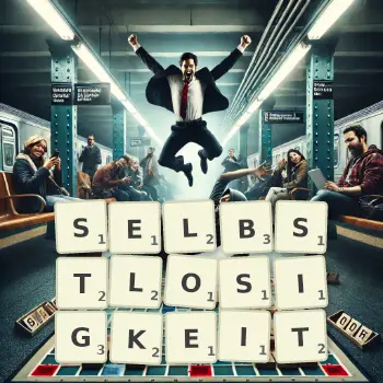 Kreative Illustration für ein Scrabble-Spiel, bei dem das Wort SELBSTLOSIGKEIT mit Steinen auf dem Brett gelegt wurde.