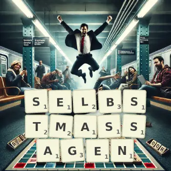 Kreative Illustration für ein Scrabble-Spiel, bei dem das Wort SELBSTMASSAGEN mit Steinen auf dem Brett gelegt wurde.