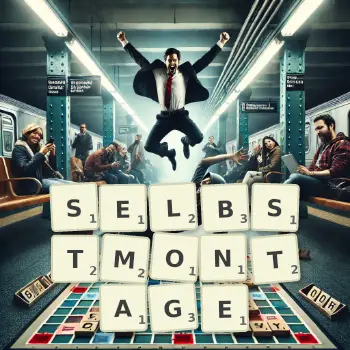 Kreative Illustration für ein Scrabble-Spiel, bei dem das Wort SELBSTMONTAGE mit Steinen auf dem Brett gelegt wurde.