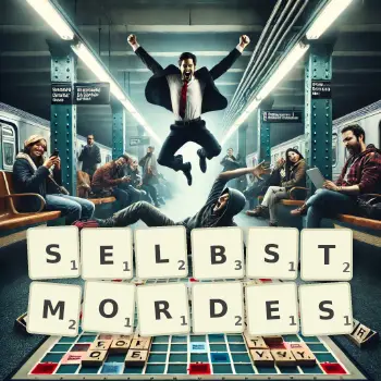 Kreative Illustration für ein Scrabble-Spiel, bei dem das Wort SELBSTMORDES mit Steinen auf dem Brett gelegt wurde.