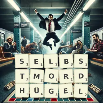 Kreative Illustration für ein Scrabble-Spiel, bei dem das Wort SELBSTMORDHÜGEL mit Steinen auf dem Brett gelegt wurde.