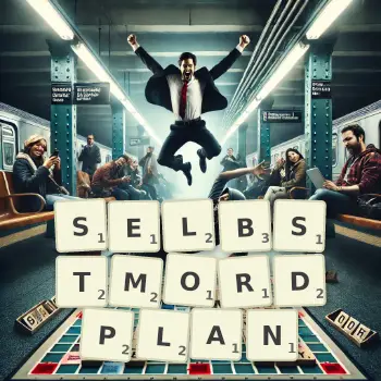 Kreative Illustration für ein Scrabble-Spiel, bei dem das Wort SELBSTMORDPLAN mit Steinen auf dem Brett gelegt wurde.