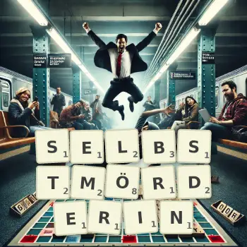 Kreative Illustration für ein Scrabble-Spiel, bei dem das Wort SELBSTMÖRDERIN mit Steinen auf dem Brett gelegt wurde.