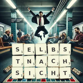 Kreative Illustration für ein Scrabble-Spiel, bei dem das Wort SELBSTNACHSICHT mit Steinen auf dem Brett gelegt wurde.